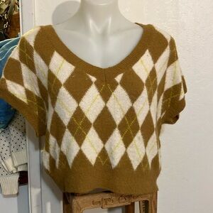 Free People Brown and White V-Neck Sweater